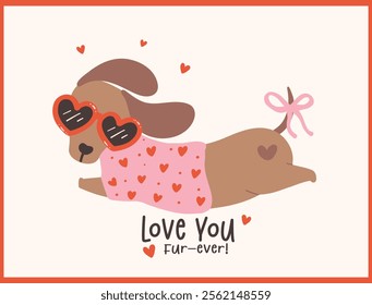 Cute Valentine Dachshund Dog with Heart Glasses Retro Cartoon Illustration for Greeting Cards 