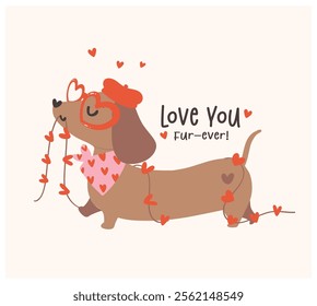 Cute Valentine Dachshund Dog love Retro Cartoon Illustration for Greeting Cards 