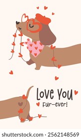 Cute Valentine Dachshund Dog love Card Retro Cartoon Illustration Printable