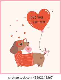 Cute Valentine Dachshund Dog with loveletter and Heart Balloon Retro Cartoon Illustration for Greeting Cards 