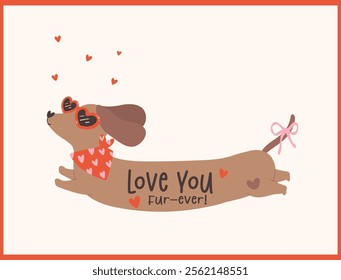 Cute Valentine Dachshund Dog Retro Cartoon Illustration for Greeting Cards 