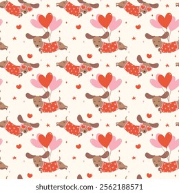 Cute Valentine Dachshund with Heart Balloons Pattern Seamless Groovy sausage dog Wallpaper isolated on background