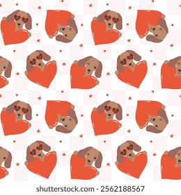 Cute Valentine Dachshund with Heart Pattern Seamless Groovy sausage dog Wallpaper isolated on background