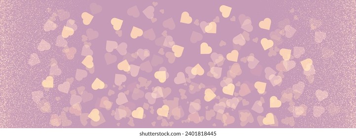 Cute valentine day banner with glowing design hearts shapes and golden glitter confetti falling on pink background. Elegant vector template with purple, lilac, pink, yellow, gold hearts. EPS 10