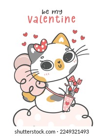 Cute Valentine day cat cupid cartoon doodle hand drawing illustration, A joyful and romantic holiday, perfect for greeting cards, gifts, Ideal for creating a heartwarming atmosphere and more