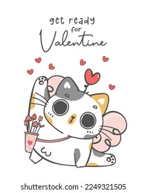 Cute Valentine day cat cupid cartoon doodle hand drawing illustration, A joyful and romantic holiday, perfect for greeting cards, gifts, Ideal for creating a heartwarming atmosphere and more