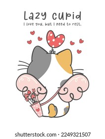 Cute Valentine day cat cupid cartoon doodle hand drawing illustration, A joyful and romantic holiday, perfect for greeting cards, gifts, Ideal for creating a heartwarming atmosphere and more