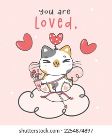 Cute Valentine day cat cupid cartoon doodle hand drawing illustration, A joyful and romantic holiday, perfect for greeting cards, gifts, Ideal for creating a heartwarming atmosphere and more