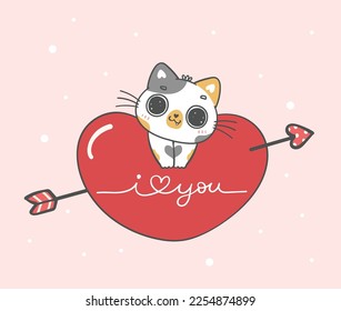 Cute Valentine day cat cupid cartoon doodle hand drawing illustration, A joyful and romantic holiday, perfect for greeting cards, gifts, Ideal for creating a heartwarming atmosphere and more