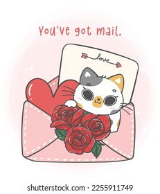 Cute Valentine day cat in love letter cartoon doodle hand drawing illustration, A joyful and romantic holiday, perfect for greeting cards, gifts, Ideal for creating a heartwarming atmosphere and more