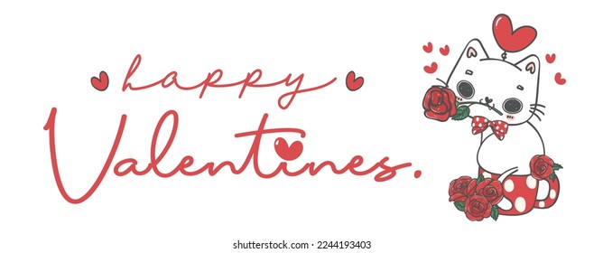 Cute Valentine day cat with roses flower cartoon doodle hand drawing illustration banner, A joyful and romantic holiday, perfect for greeting cards, gifts, Ideal for creating a heartwarming atmosphere