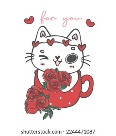 Cute Valentine day cat with roses flower cartoon doodle hand drawing illustration, A joyful and romantic holiday, perfect for greeting cards, gifts, Ideal for creating a heartwarming atmosphere.