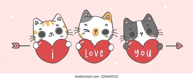 Cute Valentine day cats cartoon doodle hand drawing illustration banner, i love you, perfect for greeting cards, gifts, Ideal for creating a heartwarming atmosphere and more