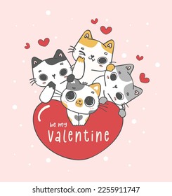 Cute Valentine day cats with heart cartoon doodle hand drawing illustration, A joyful and romantic holiday, perfect for greeting cards, gifts, Ideal for creating a heartwarming atmosphere and more