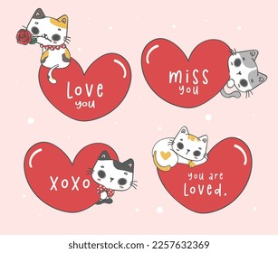 Cute Valentine day cats with red heart cartoon doodle hand drawing vector. A joyful and romantic holiday, perfect for greeting cards, gifts, Ideal for creating a heartwarming atmosphere and more