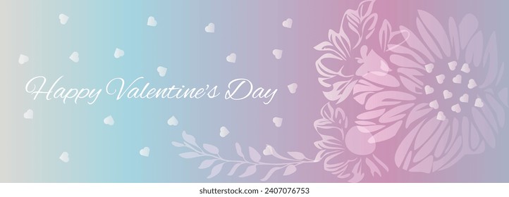 Cute valentine day greeting card with falling heart confetti and beautiful flowers on on pink, blue background. Elegant vector template with Happy Valentines Day lettering text. EPS 10