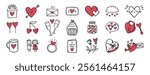 cute Valentine day with hearts, love, flowers, birds, lovers doodle hand drawn icon set. Outline drawing Valentines day line clipart symbol collection. Vector illustration