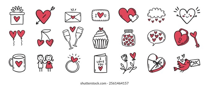 cute Valentine day with hearts, love, flowers, birds, lovers doodle hand drawn icon set. Outline drawing Valentines day line clipart symbol collection. Vector illustration