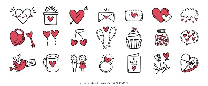 cute Valentine day with hearts, love, flowers, birds, lovers doodle hand drawn icon set. Outline drawing Valentines day line clipart symbol collection. Vector illustration