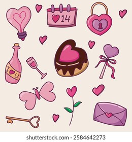 Cute Valentine day with hearts, love, flowers, birds, lovers doodle hand drawn icon set.