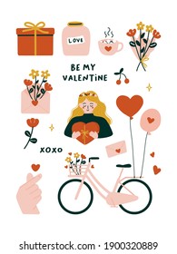 Cute Valentine day icons elements with Wedding Bicycles Spring Bouquet Love bottle jar Blooming Red flowers Finger heart envelope Hot Cocoa chocolate marshmallows Gift box woman balloons illustration