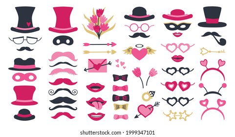 Cute Valentine Day photo booth props as set of party graphic elements of hearts, hats, mustaches, lips, costume as mask etc. Vector illustration. Vector illustration