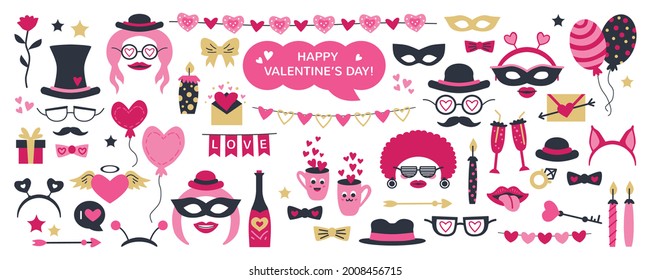 Cute Valentine Day photo booth props as set of party graphic elements of hearts, hats, mustaches, lips, costume as mask etc. Vector illustration. Vector illustration