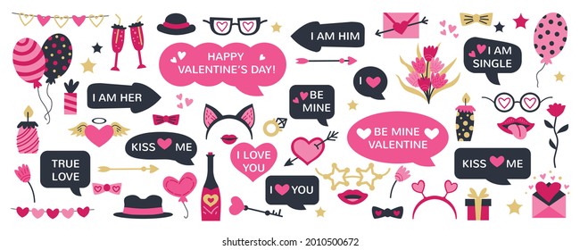 Cute Valentine Day photo booth props as set of party graphic elements of hearts, hats, mustaches, lips, costume as mask etc. Vector illustration. Vector illustration