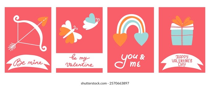 Cute Valentine Day pink cards set with a bow and arrow, butterflies, hearts, and gift box. Design for greeting cards, posters, banner, or festive decorations.