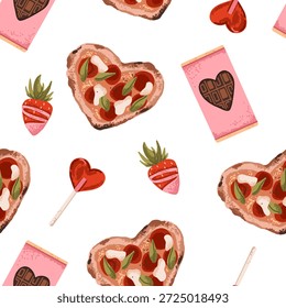Patrón inconsútil lindo del día de San Valentín con la pizza de la forma del corazón, chocolate y fresa