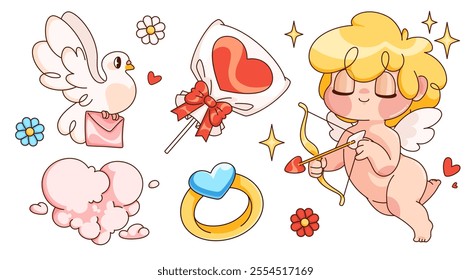 Cute Valentine Day set - cartoon Cupid with curly blonde hair, messenger dove carrying letter, heart shaped lollipop, golden ring, pink cloud and flowers. Romantic retro greeting cards elements.