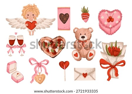 Cute Valentine Day sticker set with heart cake, cupid and bear. Romantic and love elements in pink color