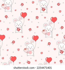 Cute Valentine day themed pattern with bunny characters and hear shaped balloons, flowers