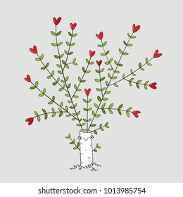 Cute Valentine day vector card in love tree with hearts on it bunch