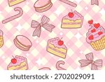 Cute valentine dessert seamless pattern with cupcakes, cakes, macarons, bows, and candy canes on pink gingham background