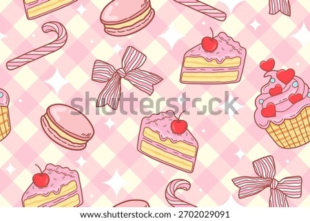 Cute valentine dessert seamless pattern with cupcakes, cakes, macarons, bows, and candy canes on pink gingham background