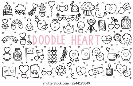 Cute Valentine Doodle Decorations Collection Outline Black and white 