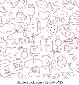 Cute valentine doodle seamless pattern. Romantic gentle background. Pink sketch of attributes on white background. Print for textile, paper, wallpaper, design. Flat illustration, vector