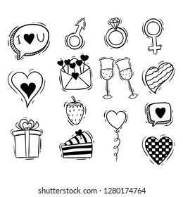 cute valentine elements collection with hand drawn or doodle style