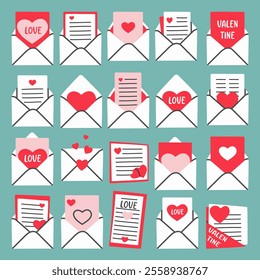 Cute Valentine envelope and letter set with heart designs, love messages, and decorative details. Perfect for scrapbooking, greeting cards, posters, invitations, and stickers.