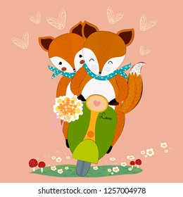 Cute valentine fox couple in love with flower bouquet on scooter