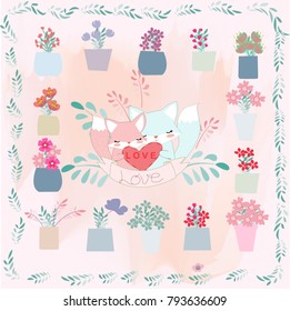 Cute valentine fox or dog couple vintage pink spring summer romantic rose peony flower pot sweet pastel jungle leave pattern style wedding or valentine day card background