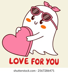 Cute valentine ghost with red heart, kawaii Valentine spooky love doodle for greeting card, shirt design.