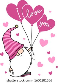 Cute Valentine gnome with 3 heart-shaped balloons with the lettering I love you. Vector hand drawn illustration for St. Valentine's Day gift, card, print, decoration, t-shirt, mug