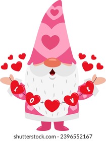 Cute Valentine Gnome Cartoon Character Holding Hearts With Text Love. Vector Illustration Flat Design Isolated On Transparent Background