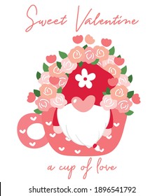 Cute Valentine Gnome in Kaffeetasse mit Blume, süße Valentine-Clipart-Kunst, Cartoon-Flachvektor für T-Shirt-Printmedien, Grußkarte, Sublilimation 