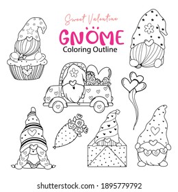 Cute Valentine Gnome coloring outline collection, Sweet valentine digital stamp set, Gnome cartoon doodle drawing set