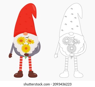 Cute Valentine gnome with flowers in his hands. Flat vector illustration for St. Valentine's Day gift, card, print, decoration. Gnome in color and outline.