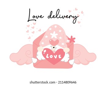 Cute valentine gnome girl with love heart and cupid love letter, love delivery, cute cartoon flat vector