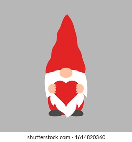 Cute Valentine gnome with a heart in his hands vector clip art. Love sign.